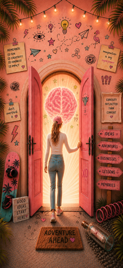 An illustrated door into Kerri's brain, wrapped in doodles and caution tape